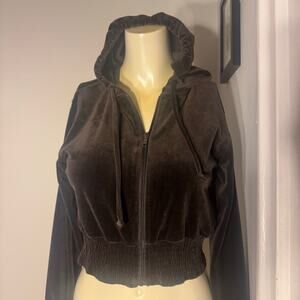 Alya Size Small Y2k Brown Velour Long Sleeve Cropped Hooded Soft Zip Up Hoodie